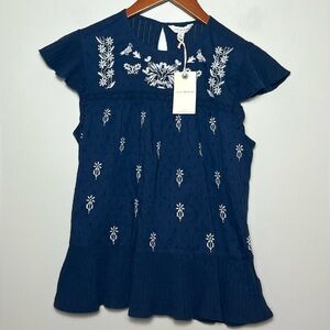 Lucky Brand NEW Embroidered Floral Smocked Peplum Top Blouse Sz S